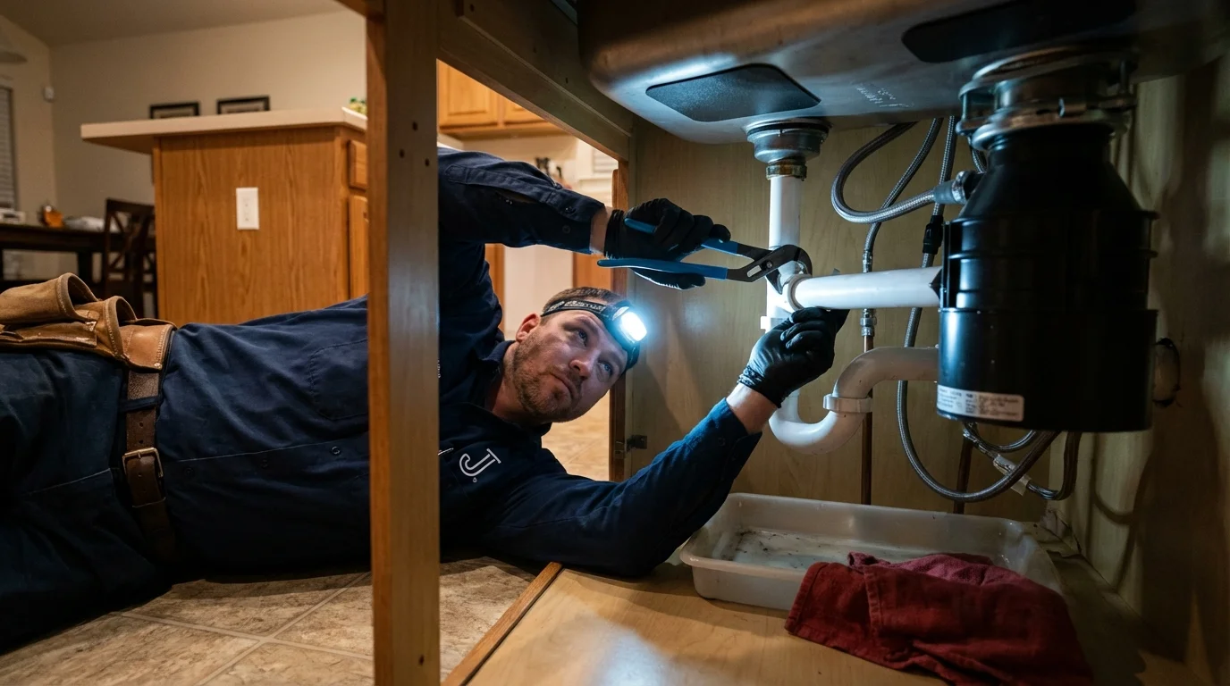 P-trap and supply line connections under a kitchen sink showing a common leak point in Fort Bragg, CA